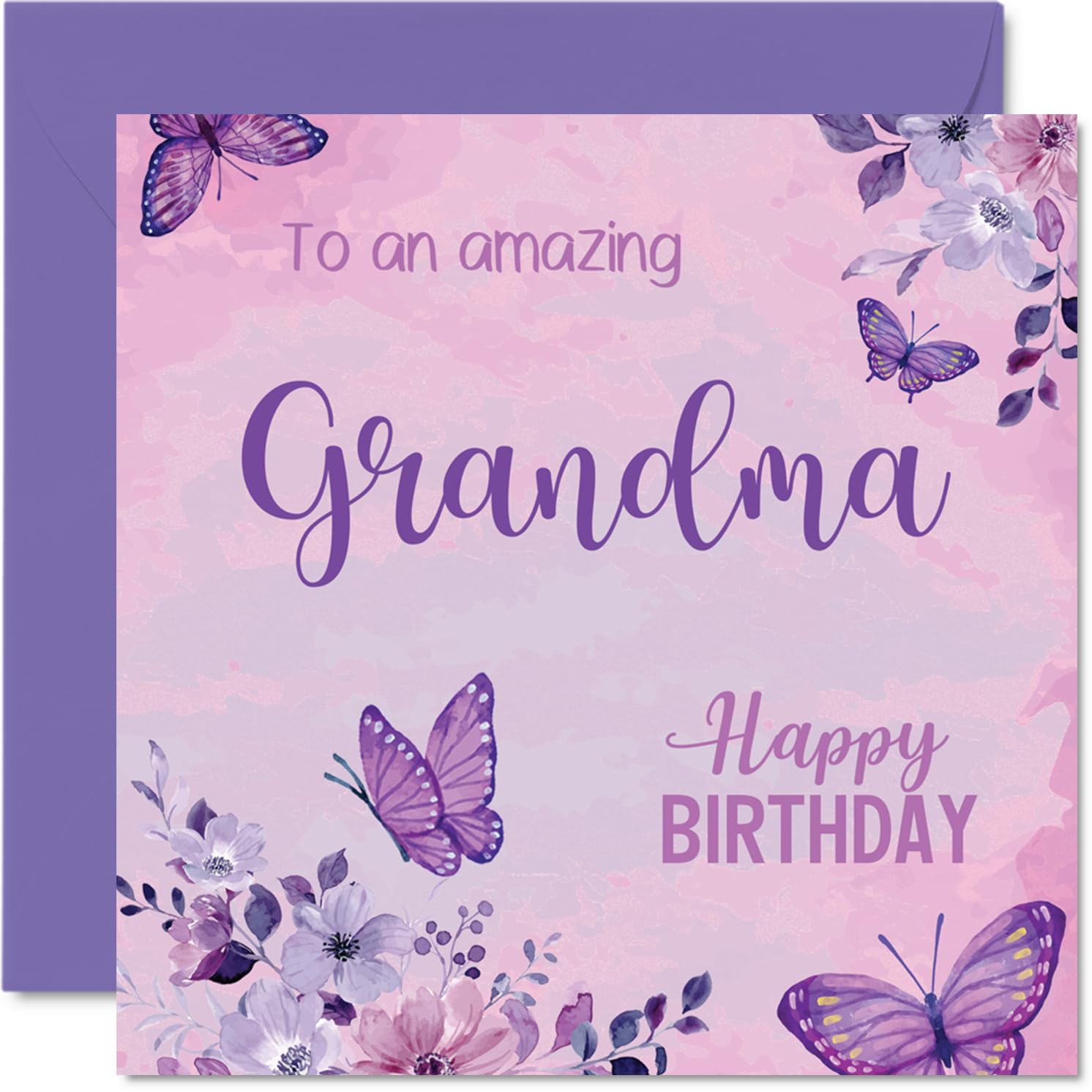 Heartfelt Birthday Card for Grandma - Brimming with Love - Purple Butterflies and Pink Florals for a Wonderful Grandma - 145mm Square, Envelope Included