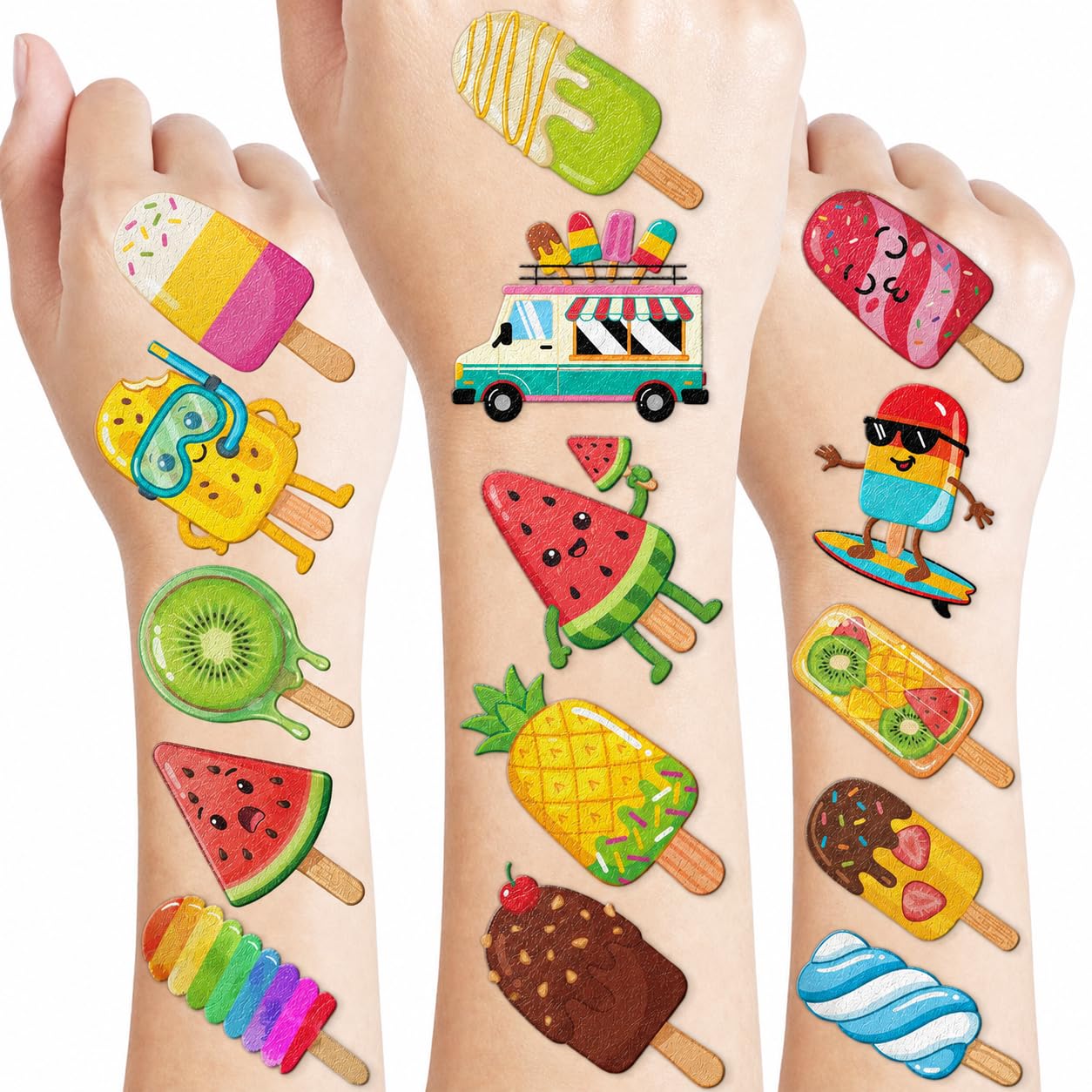 120 PCS Ice Cream Pre-Cut Temporary Tattoos | Themed Birthday Party Favors Decorations Supplies Décor Colorful Ice Lolly Summer Tattoo Stickers Gifts For Game Boys Girls
