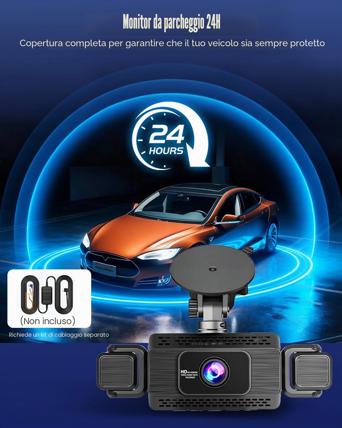 Dashcam Auto a 4 Canali Anteriore e Posteriore 1080P, Dash cam Auto WiFi con Scheda SD da 64GB, Schermo IPS da 3", Grandangolo, Visione Notturna IR 8, Sensore G, Dashcam Auto con Registrazione in Loop