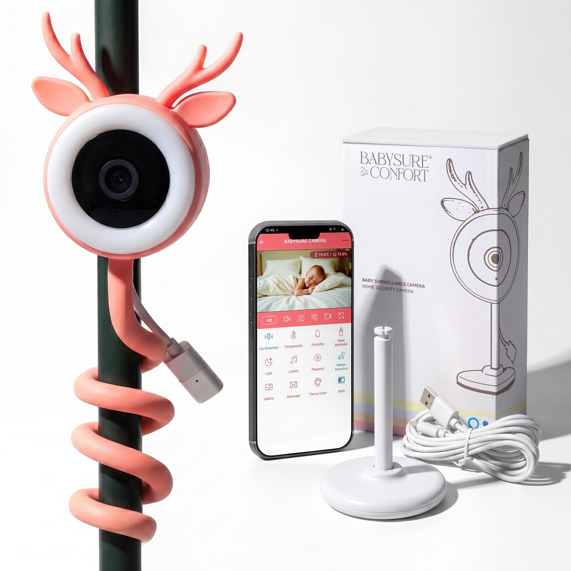 BABYSURE&CONFORT Camara Vigilancia Bebe - 4MP, Soporte Flexible y Rigido, Luz LED, Vigilabebes con Audio Bidireccional, Vision Nocturna, Alarma Llanto y Movimiento, Wi-Fi 2.4GHz Smart App móvil (Rosa)