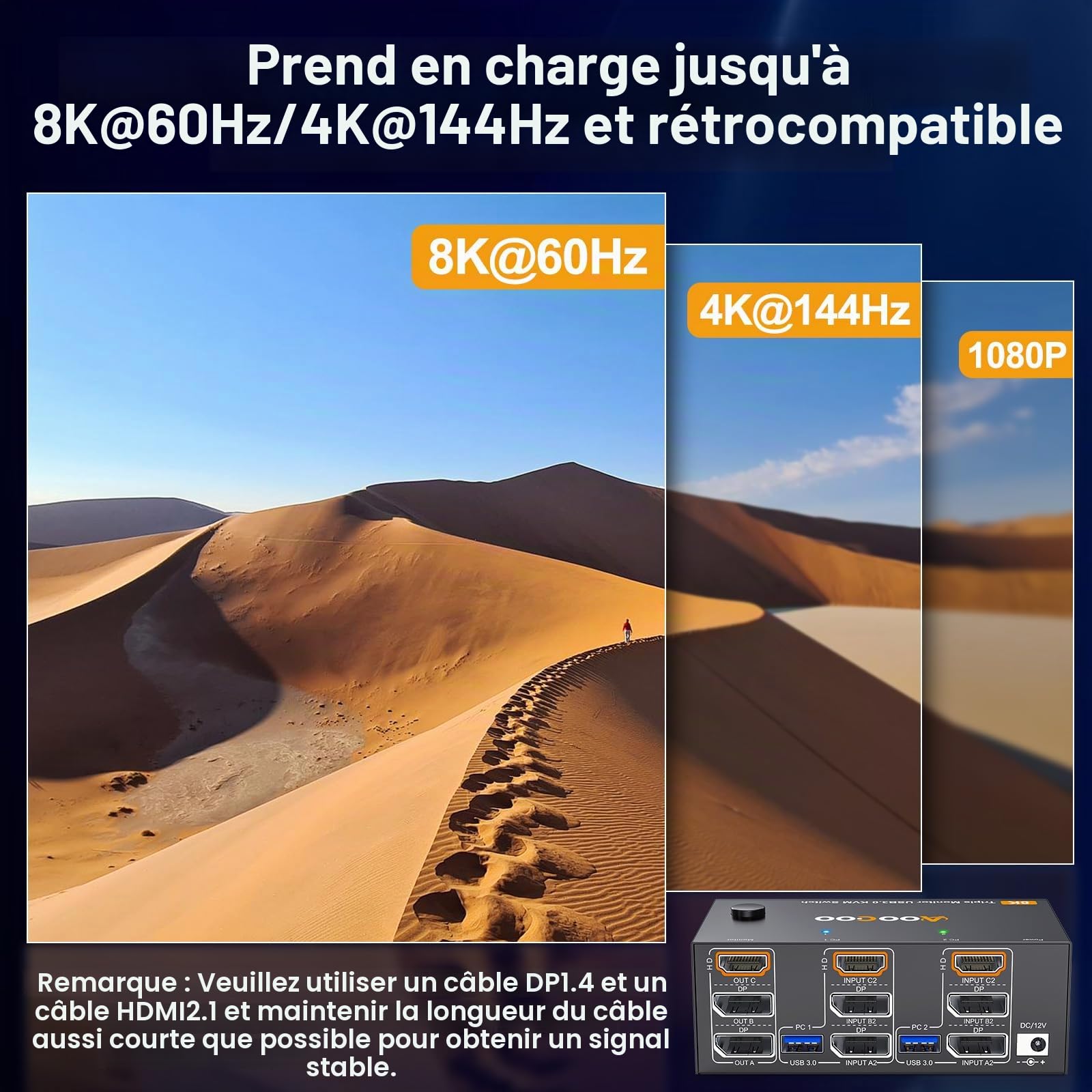 Commutateur KVM pour 2 PC et 3 moniteurs 4K@144Hz/8K@60Hz, triple monitors KVM Switch HDMI + 2 DisplayPort, 4 ports USB 3.0, télécommande filaire, alimentation et câble USB 3.0