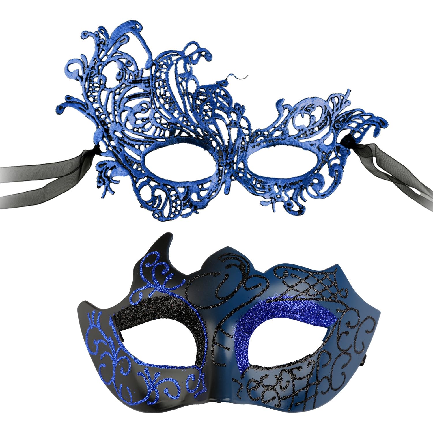 Tabanzhe Blue Masquerade Mask Set for Couples โ Venetian Lace & Plastic Eye Masks for Men and Women Sexy Costume Half Face Mask for Halloween Party Carnival Costumes โ image 1