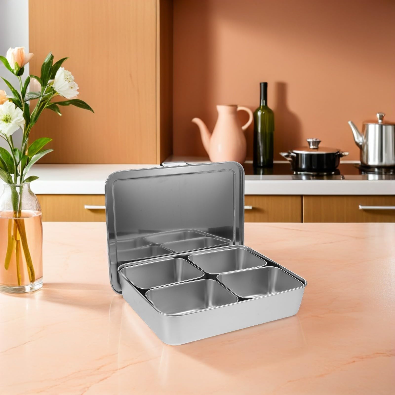 OUNONA Especiero de Acero Inoxidable con Tapa, 4 Compartimentos para Cocina