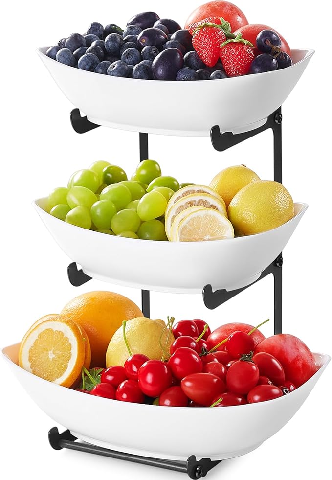 Lifewit Plastic Fruit Bowl Basket for Kitchen Countertop, 3 Tier Fruit Holder with Black Metal Stand, Serving Tray for Food, Vegetable, Cake, Dessert in Party