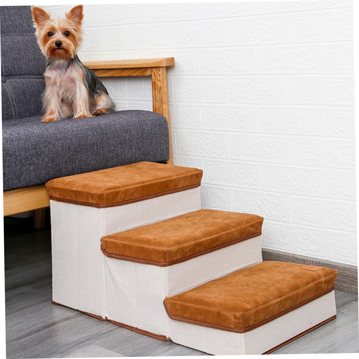 GANAZONO Foldable Three-Step Dog Stair Ramp with Storage Case, Brown Pet Stair for Puppies Indoor Use, Space-Saving Puppy Ladder for Small Dogs