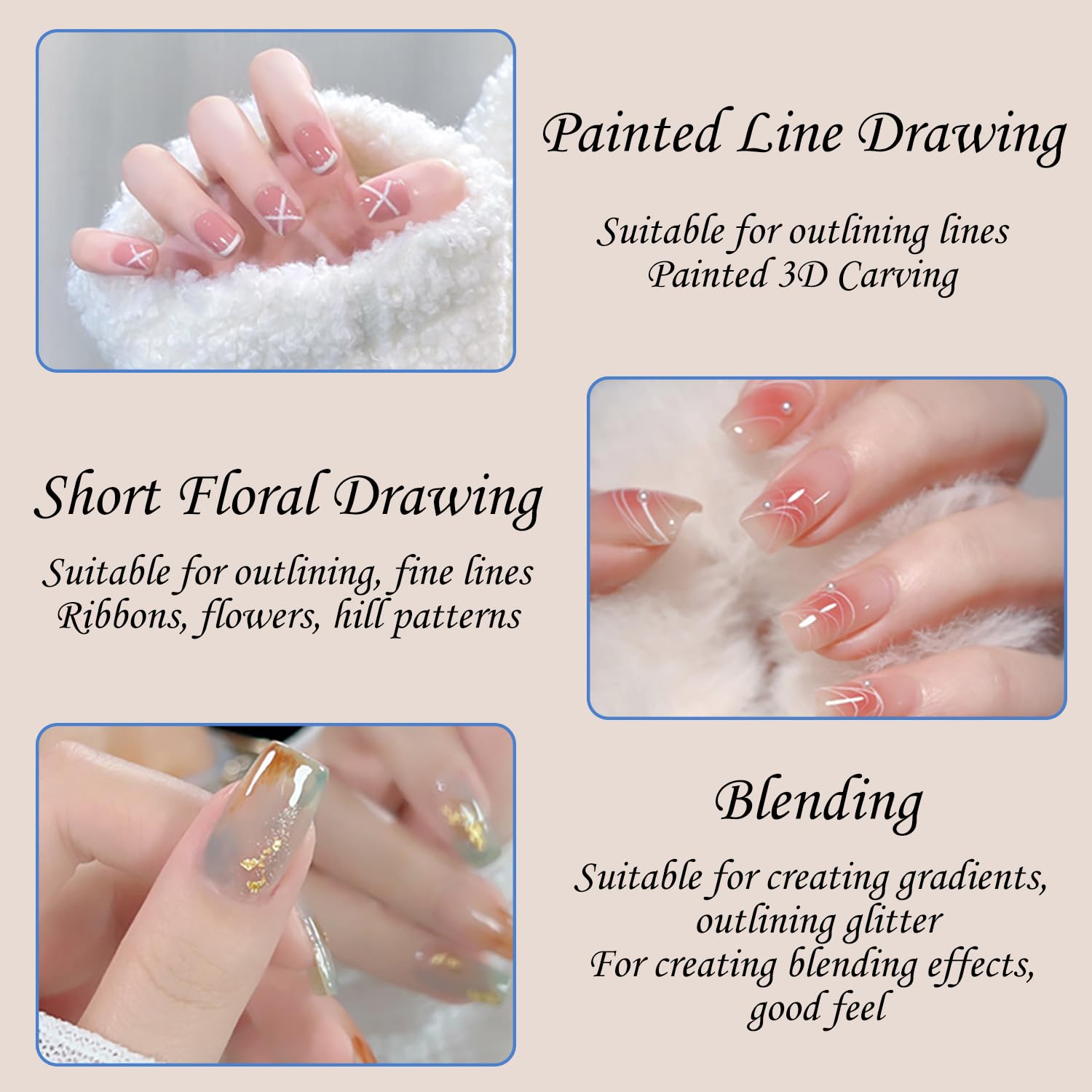 Pennelli per Nail Art, 5 Pezzi Pennelli Liner di Precisione, Pennelli per Unghie per Disegnare Linee Fini Attrezzo per gel UV Disegno Fodera Unghie Strumenti Manicure,Blu