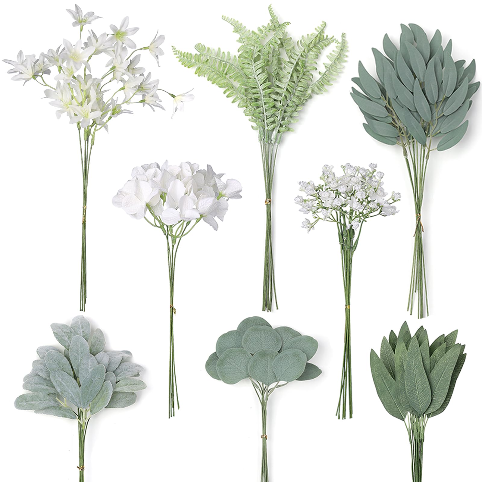 VIERENA Artificial Greenery Stems Box Set(Pack of 85pcs) with 8 Kinds of Faux Plants and Fake Flowers for DIY Wedding Bouquet Table Centerpieces and Floral Arrangement (White&Dusty Green)