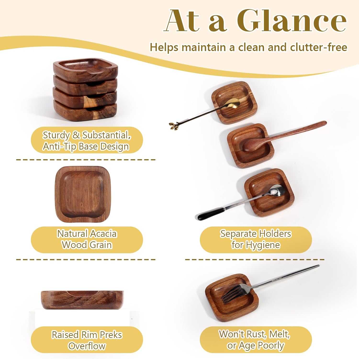 4 Pack Acacia Wood Spoon Rest With Metal Holder 3.5 Inch Mini Coffee Spoon Holder Spoon Rest for Kitchen Counter Coffee Bar Housewarming Gifts Ladles Tong Use
