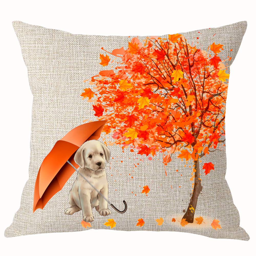 Summerr Cute Pet Dog Puppy Labrador Fall Maple Tree Umbrella Throw Pillow Cover Cushion Case Cotton Linen Home Office Decoration Square 18X18 Inch