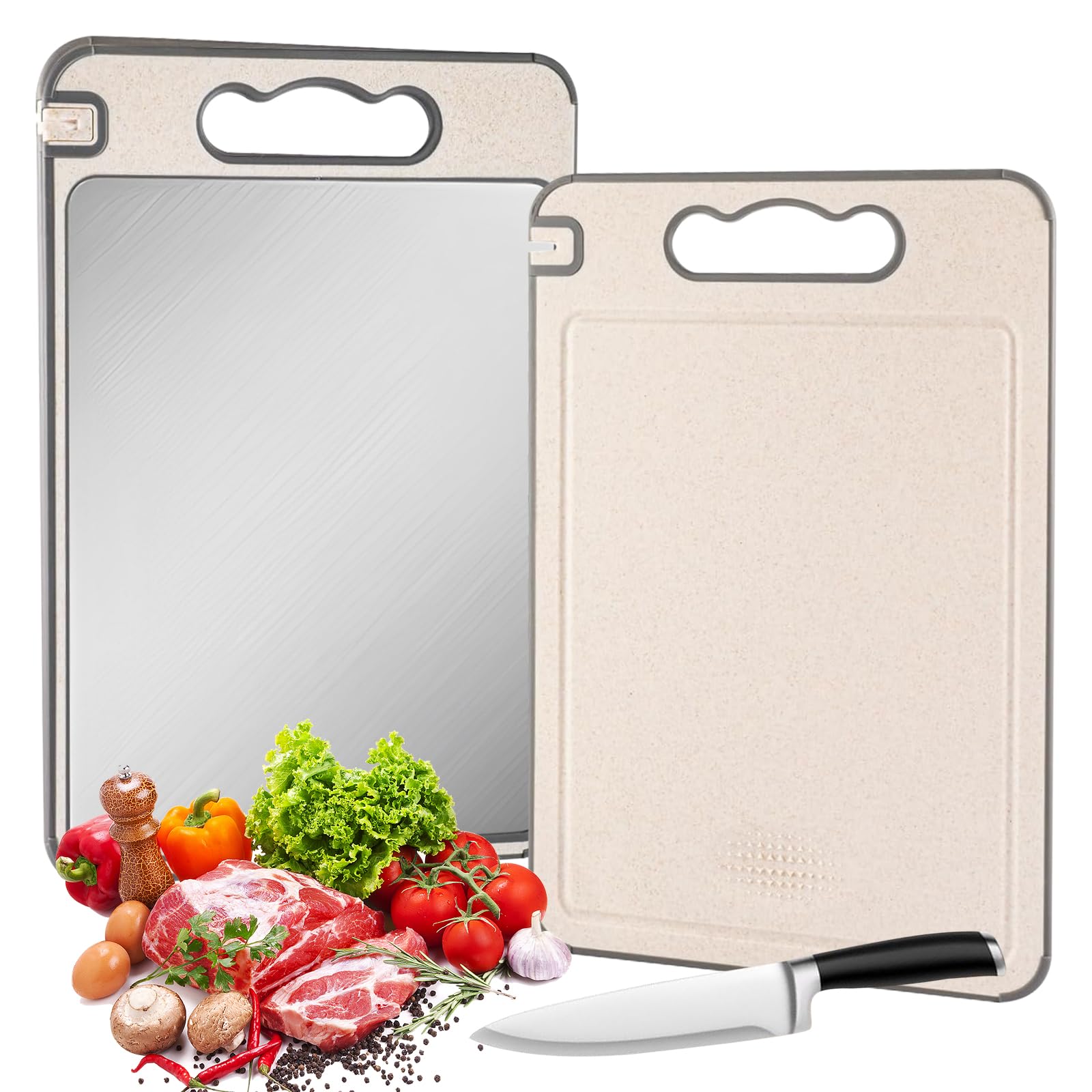 Planche à Découper Inox Double Face Silicone Antidérapante pour Cuisine Viande Poisson Fruits Légumes