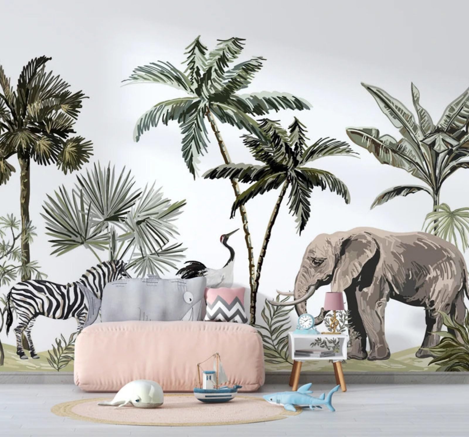 Tropical Coconut Trees Animals Zebras Elephants 3D Wallpaper Easy Install Feature Office Living Room Sofa Bedroom TV Background Wall Decoration-350cm×256cm