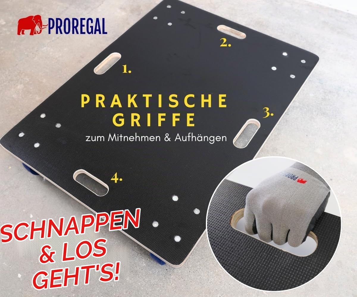 PROREGAL 2er Set Transportroller 800kg 80x60 cm mit 2X Feststellbremse Hercules Schwerlast 4 Gummirollen & Griff, Siebdruckplatte rutschfest, Rollbrett für Möbel Reifen Kisten Möbelroller Werkstatt