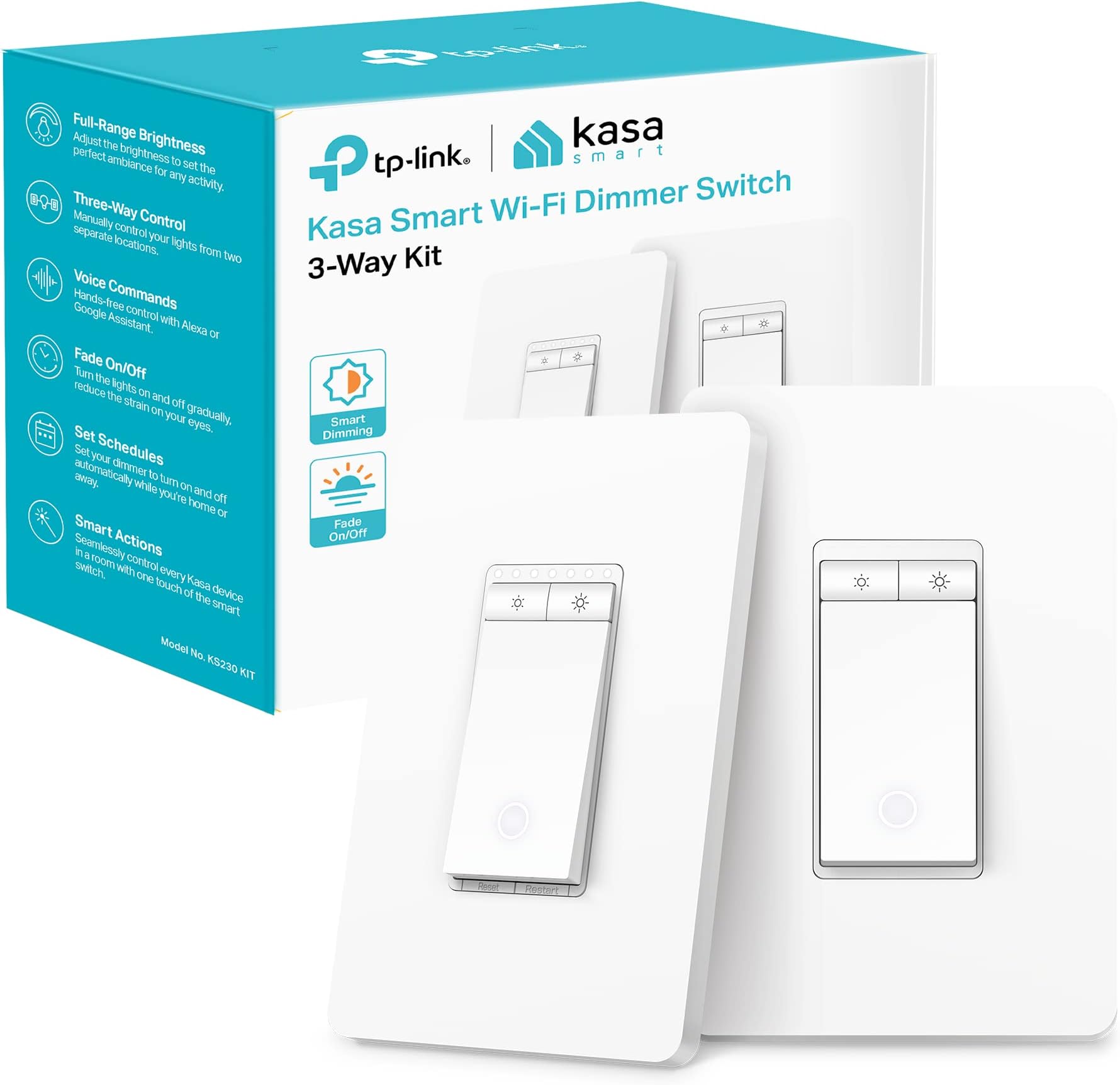 3 Way Dimmer Switch KIT, Dimmable Light Switch Compatible with Alexa, Google Assistant and SmartThings, Neutral Wire Needed, 2.4GHz, ETL Certified, No Hub Required, White (KS230 KIT v2)