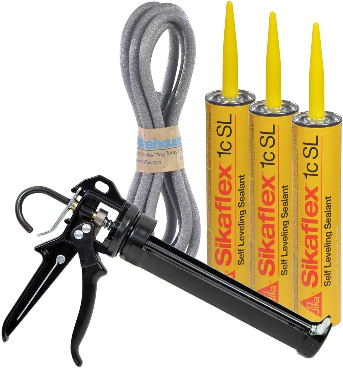 Sikaflex 1cSL Flexible Self Leveling Polyurethane Concrete Expansion Joint and Crack Sealant Kit, Limestone, 10.1 oz, Pro Caulk Gun, 3/4" x 15' Backer Rod