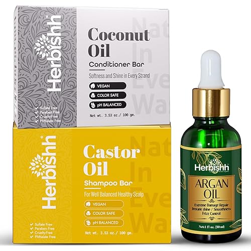 Herbishh Combo de cuidado del cabello  Barra de champú de aceite de ricino + barra de acondicionador de coco + aceite de argán 1.0 fl oz  Kit de