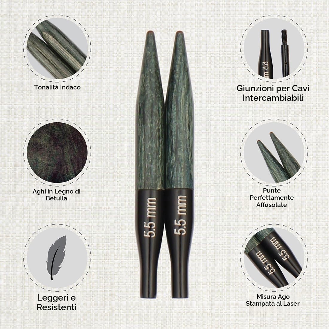 KnitPro Set di Ferri circolari intercambiabili Indigo Wood Short, 3,00 mm - 6,00 mm