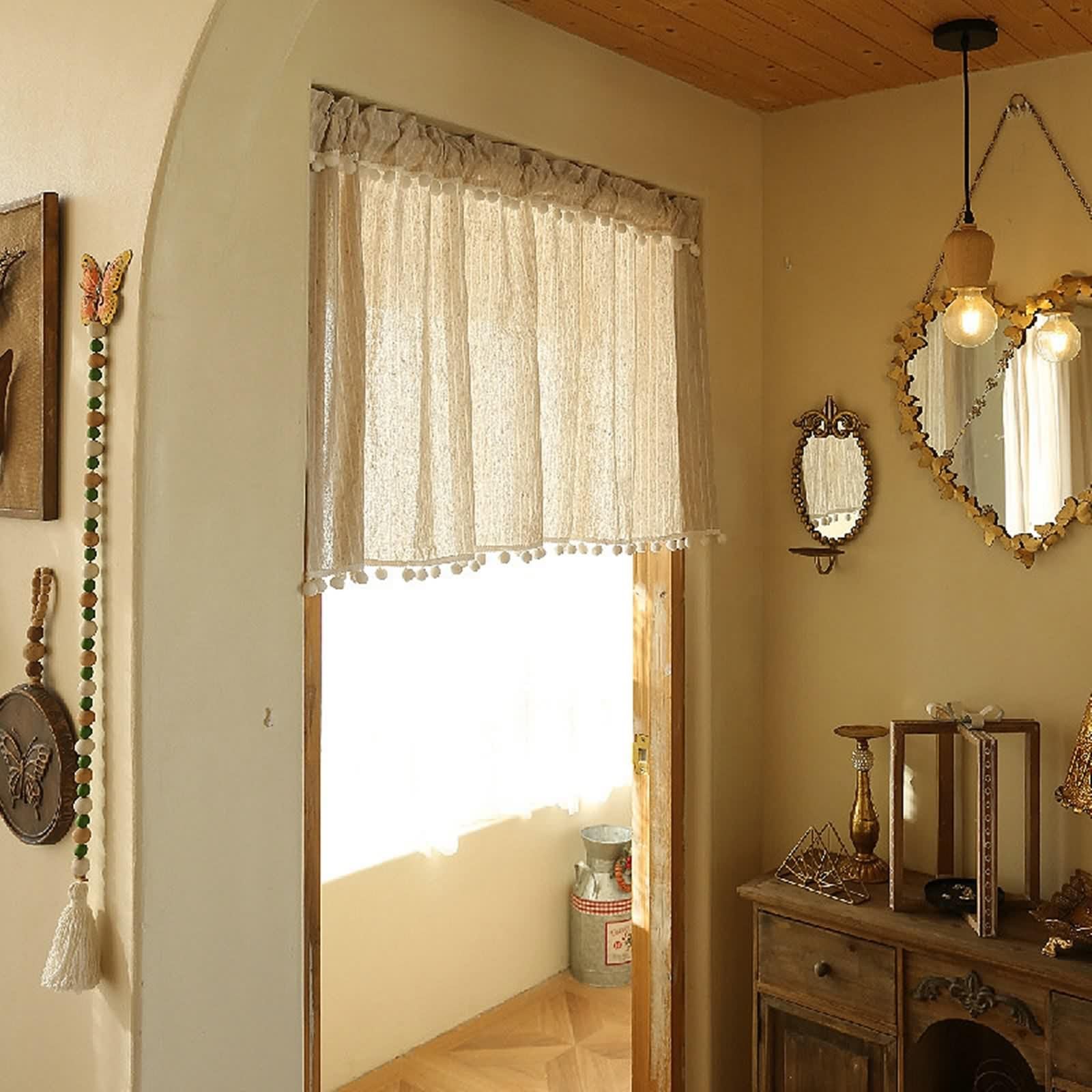 Kurze Gardinen Küche, Verdunkelung Bistrogardine Beige Polyester Scheibengardinen Einfarbig mit Streifenmuster und Pompons BxH 135x150cm
