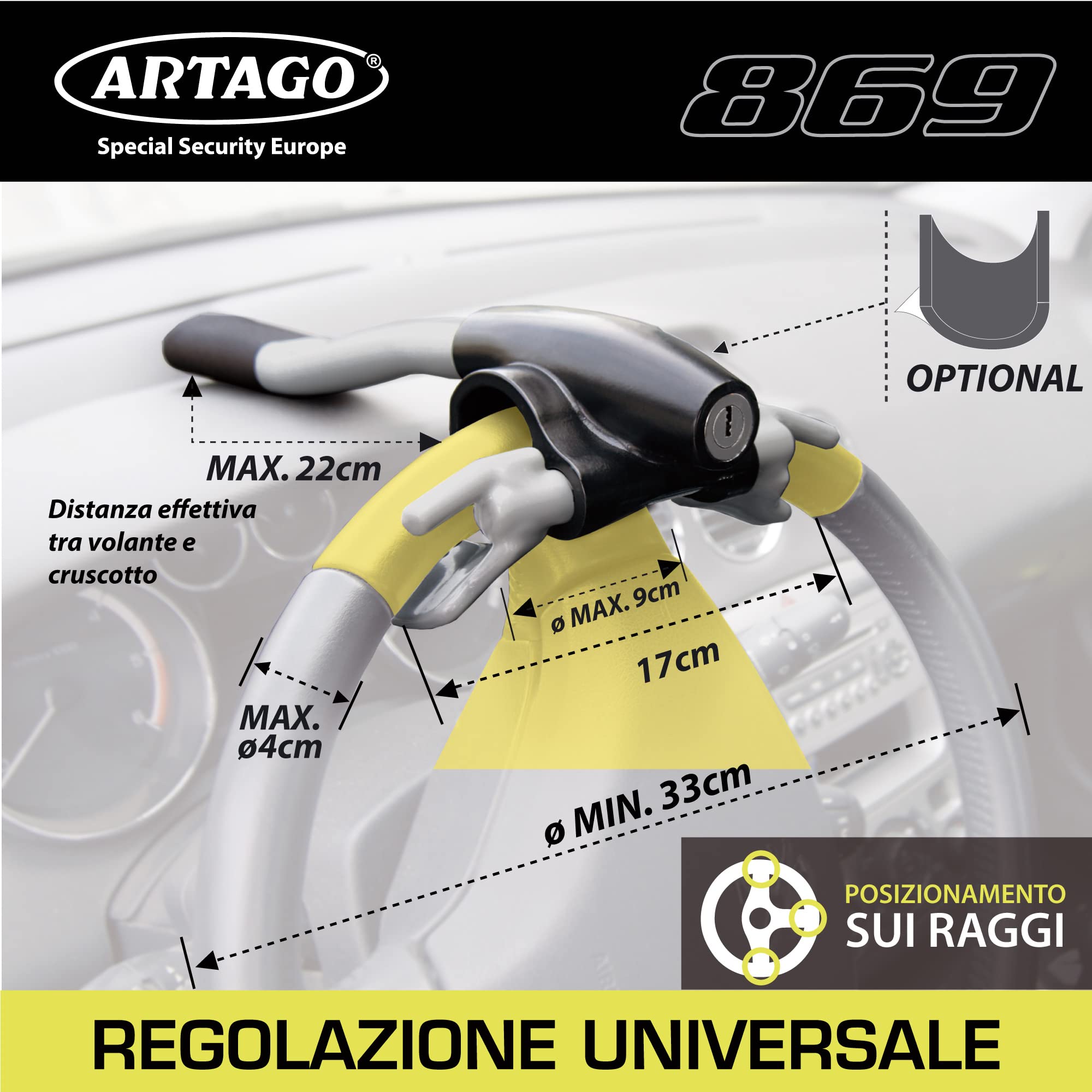 ARTAGO 869 Antifurto Auto Blocca Volante Rinforzato più Adattabile Bloccaggio Basculante