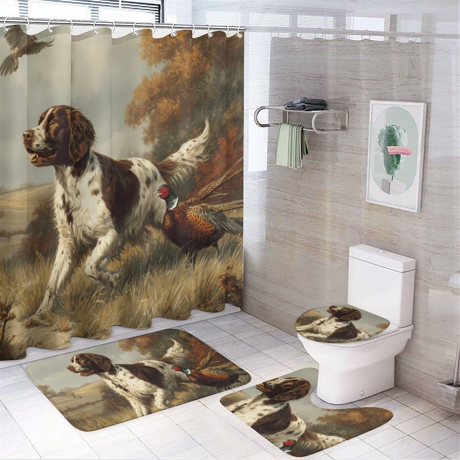 CGSBNGHA Springer Spaniel Dog Pheasant Hunting Shower Curtain Set 4 Piece Bathroom Sets with Rugs Toilet Lid Cover And U-Shaped Floor Mat