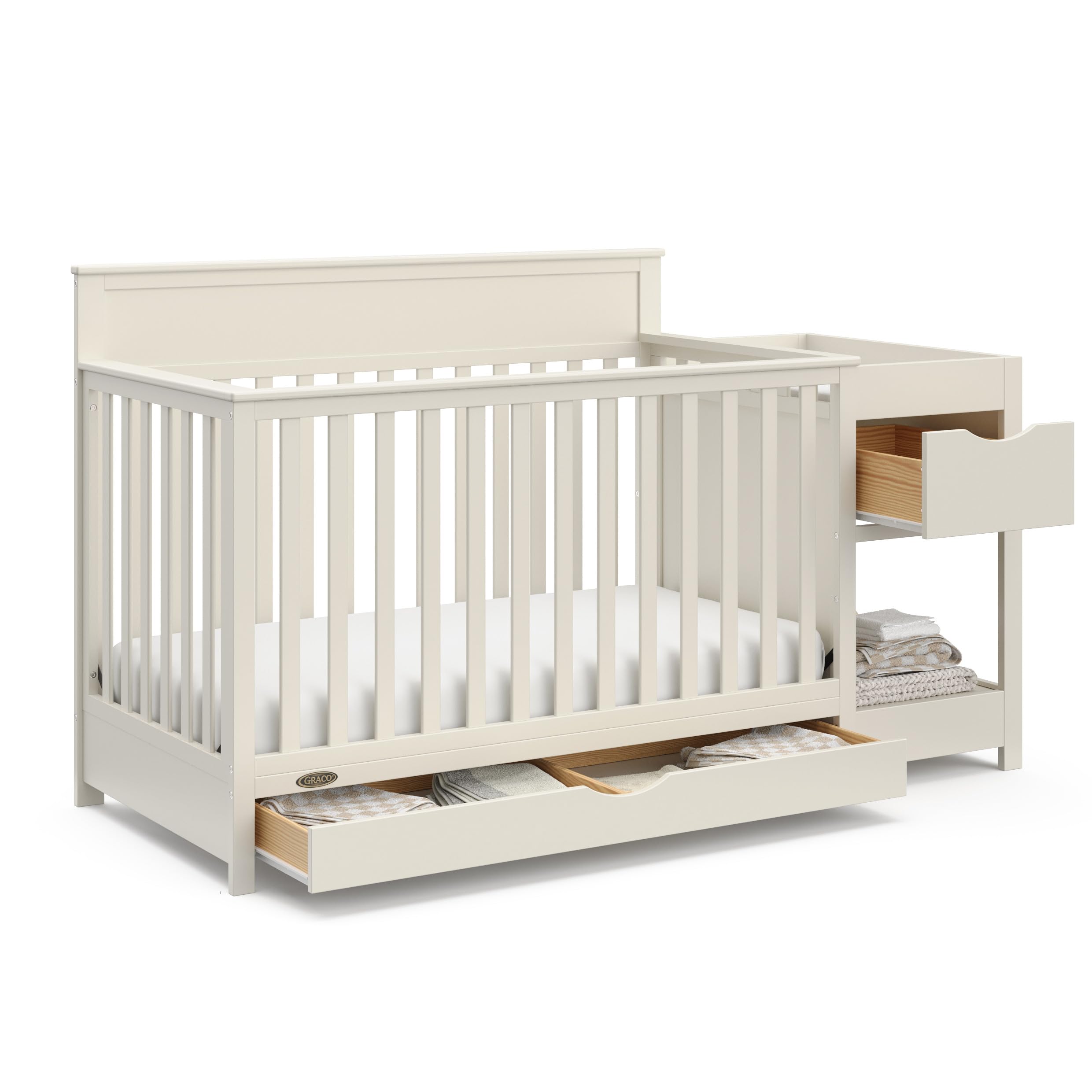 Photo 1 of Graco Shiloh 5-in-1 Convertible Crib & Changer with Drawer – GREENGUARD Gold Certified Baby Crib Crafted from Wood, Converts to Toddler Bed, Daybed, and Full-Size Bed (Frosted Oat)