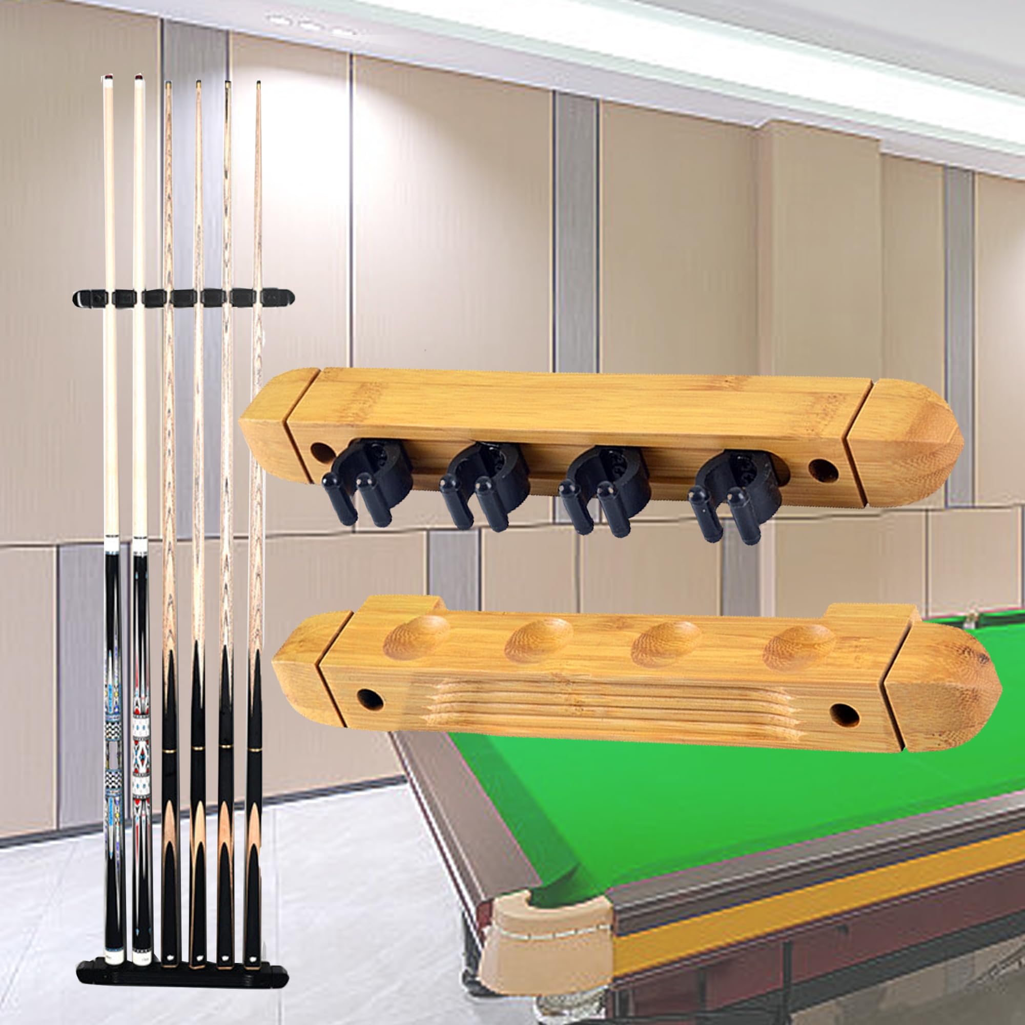 4 Agujeros Marco De Palo De Piscina Colgante De Pared, Almacenamiento Para 4 Tacos, Oporte Para Tacos De Billar, Mesa De Billar Soporte De Madera, Accesorios De Billar Para Hogares y Clubes