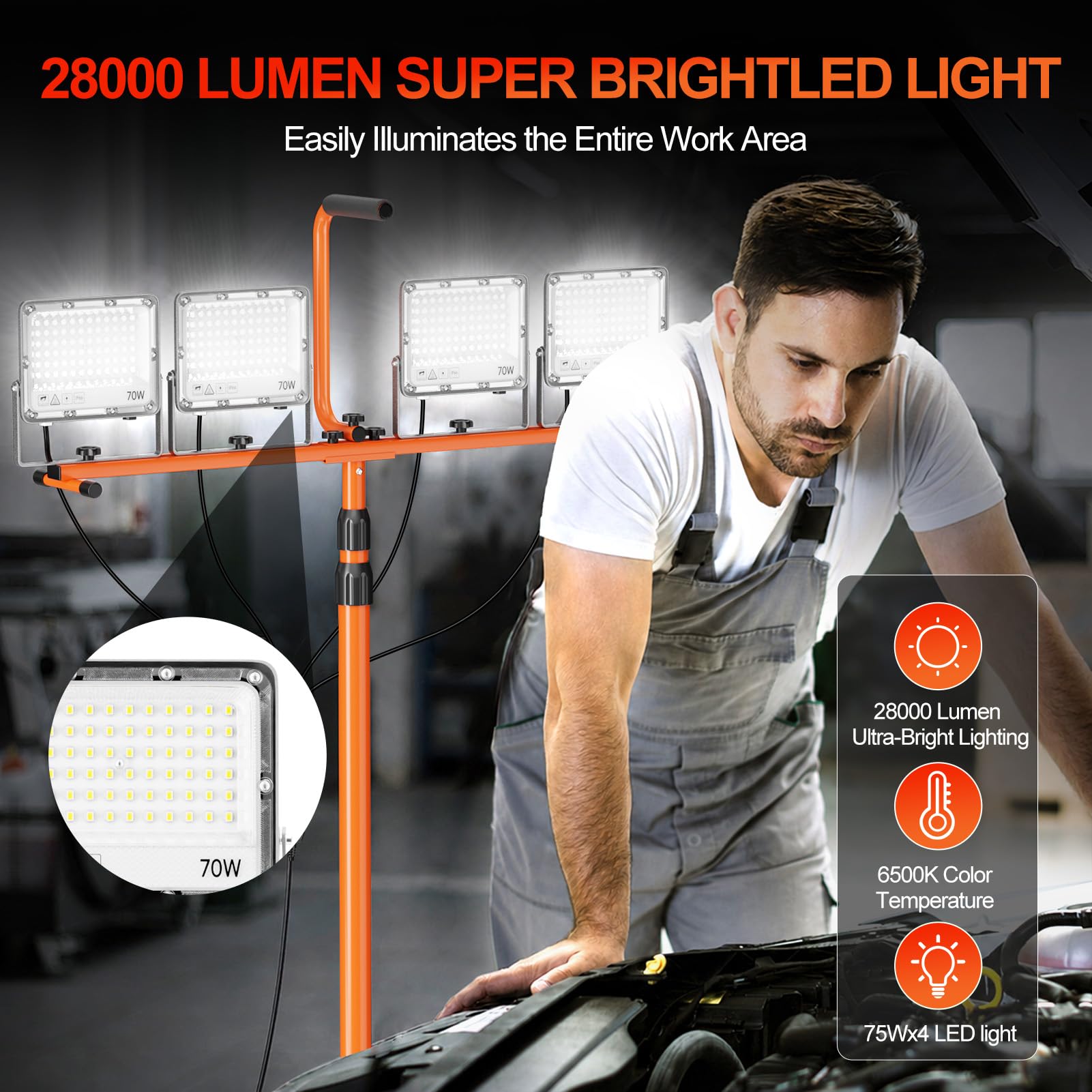 EMART 280W Foco de Trabajo LED con Ruedas 28 000lm Foco LED para Obras | Ajustable , lámparas de trabajo con cable de 5 m, resistente al agua (IP66). Proyector de obra con pie para talleres y obras