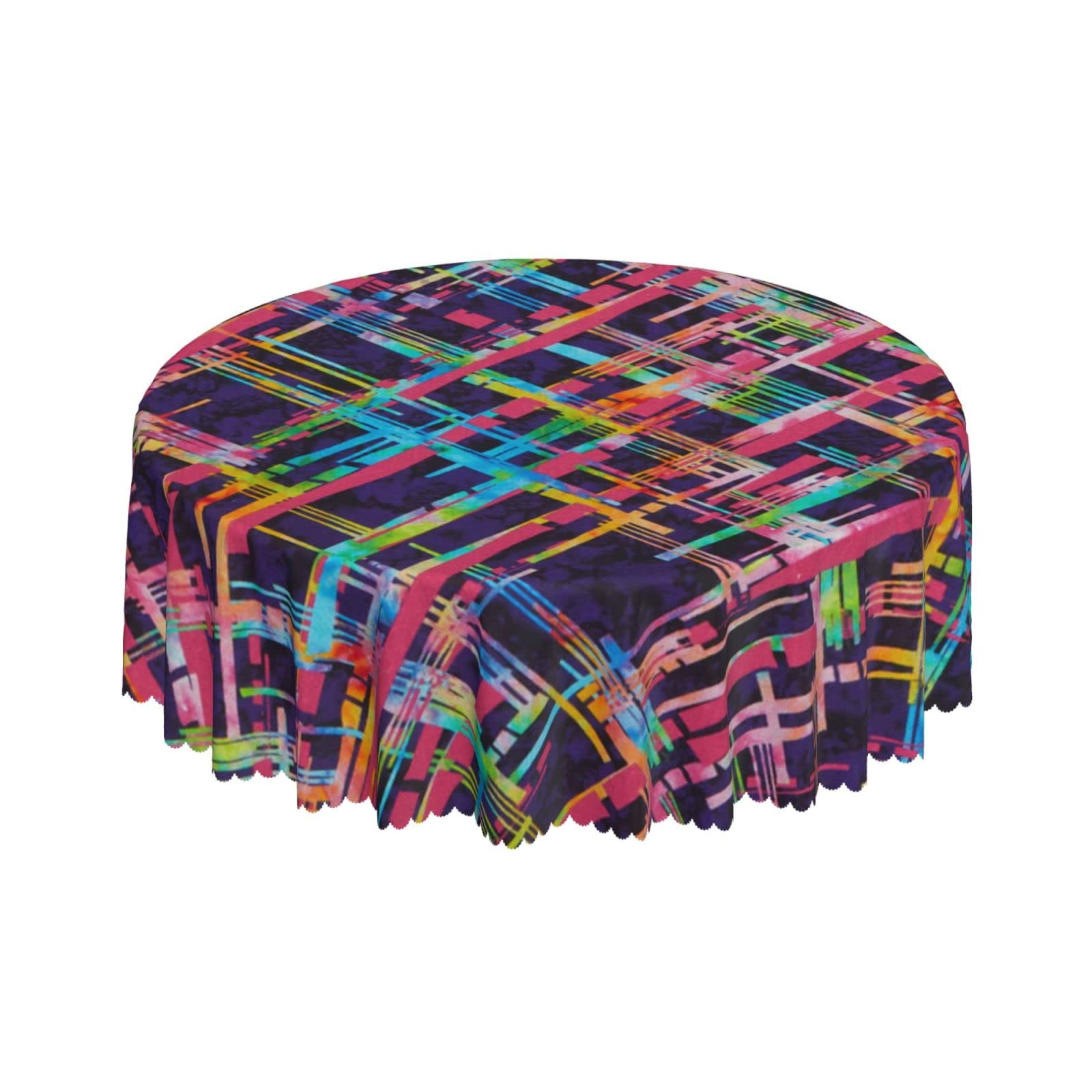 Lsjuee Abstract Color Line Plaid Round Tablecloth 60 Inch Printed Washable Tablecloth for Dining Party Holiday Fall Home Decorative
