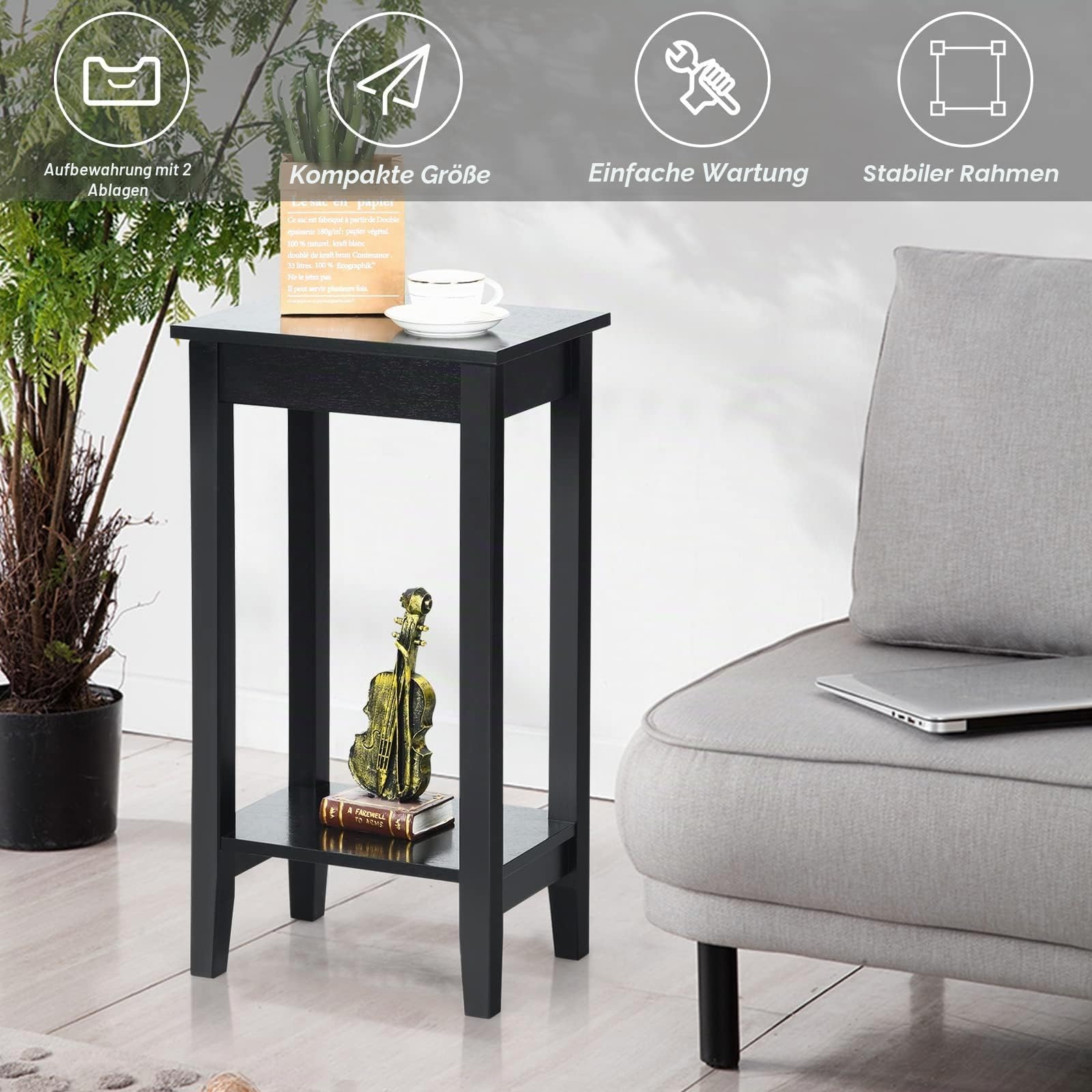 LIFEZEAL Beistelltisch 74cm Hoch, Telefontisch Sofatisch mit Ablage, Ablagetisch aus Massivholz, Holztisch Blumenhocker für Wohnzimmer, Schlafzimmer, Flur, 39,5 x 29,5 x 74 cm (1, Schwarz)