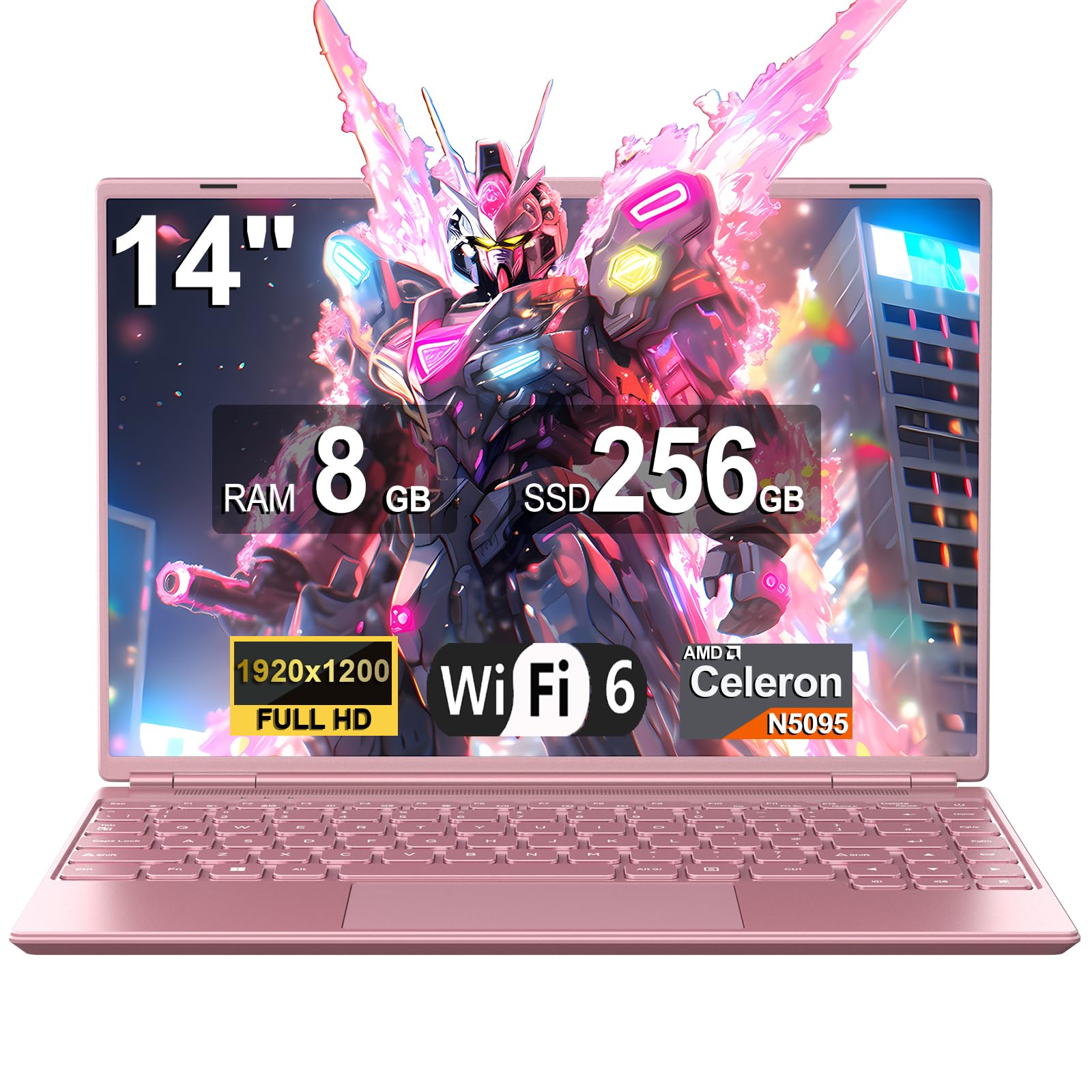 NOTODD PC Portatile 14 Pollici Laptop N5095 (fino to 2.9 GHz), Win 11 Notebook 8 GB 256 GB SSD 1TB Estensioni丨Dual WIFI Supporto丨Ventola Raffreddamento Schermo丨1920 * 1200 2K FHD-Pink