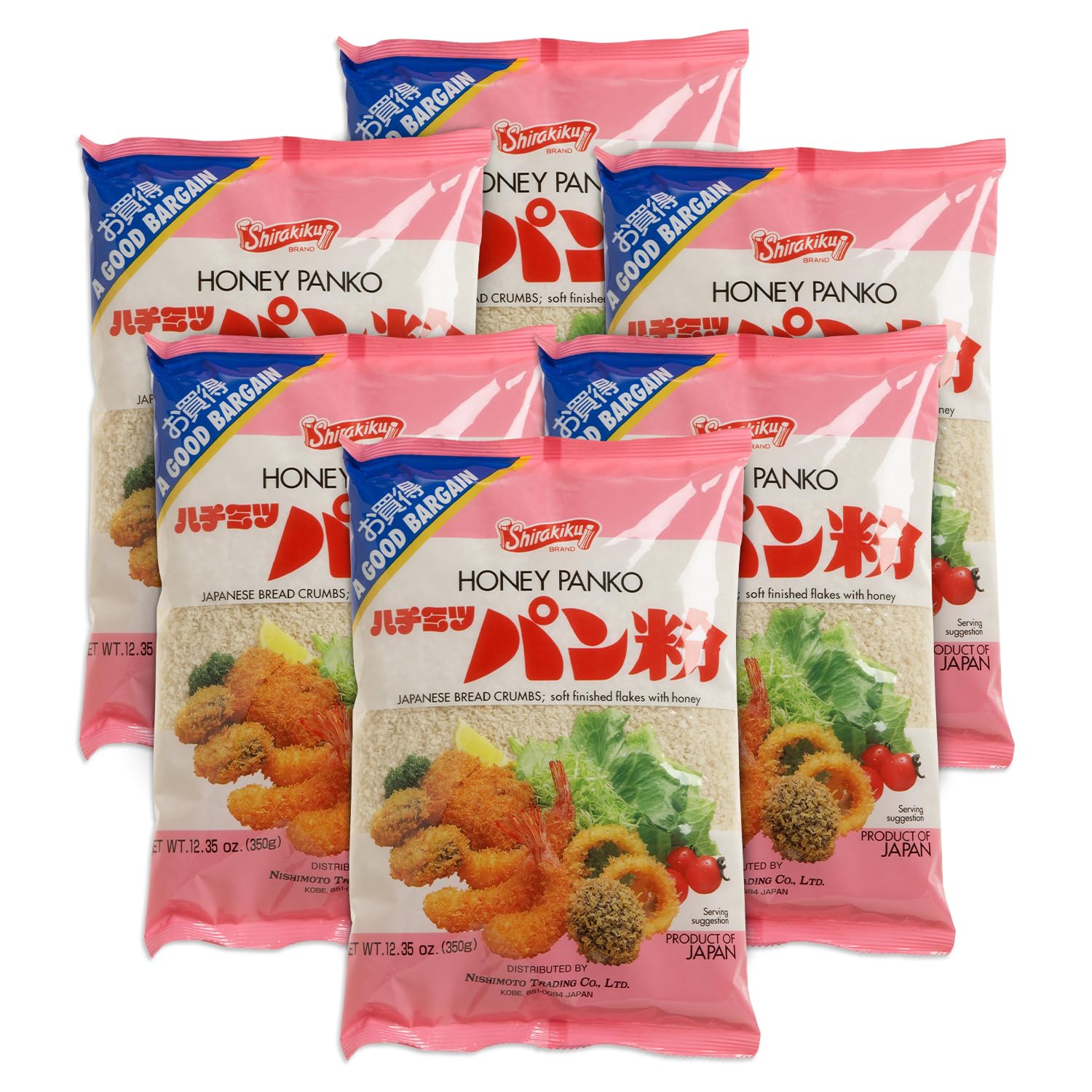 Shirakiku Panko Breadcrumbs - Crispy Panko Flakes, Light and Crunchy, Wheat Bread Crumbs for Cooking and Frying - 12.35-Ounce Bags (Pack of 6)