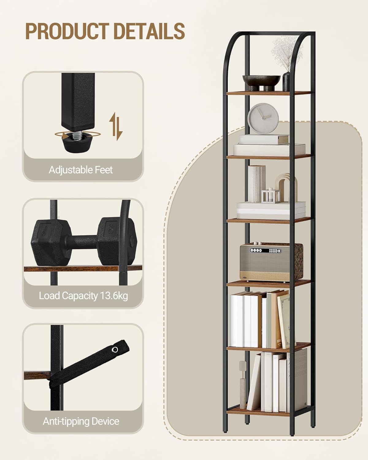 Bookshelf Narrow Bookcase, Tall Storage Rack with Steel Frame, Display Standing Shelf Unit, Skinny Book Shelf for Study Living Room Home Office, Industrial Style, 6-Tier Rustic Brown BC56001B - Image 5