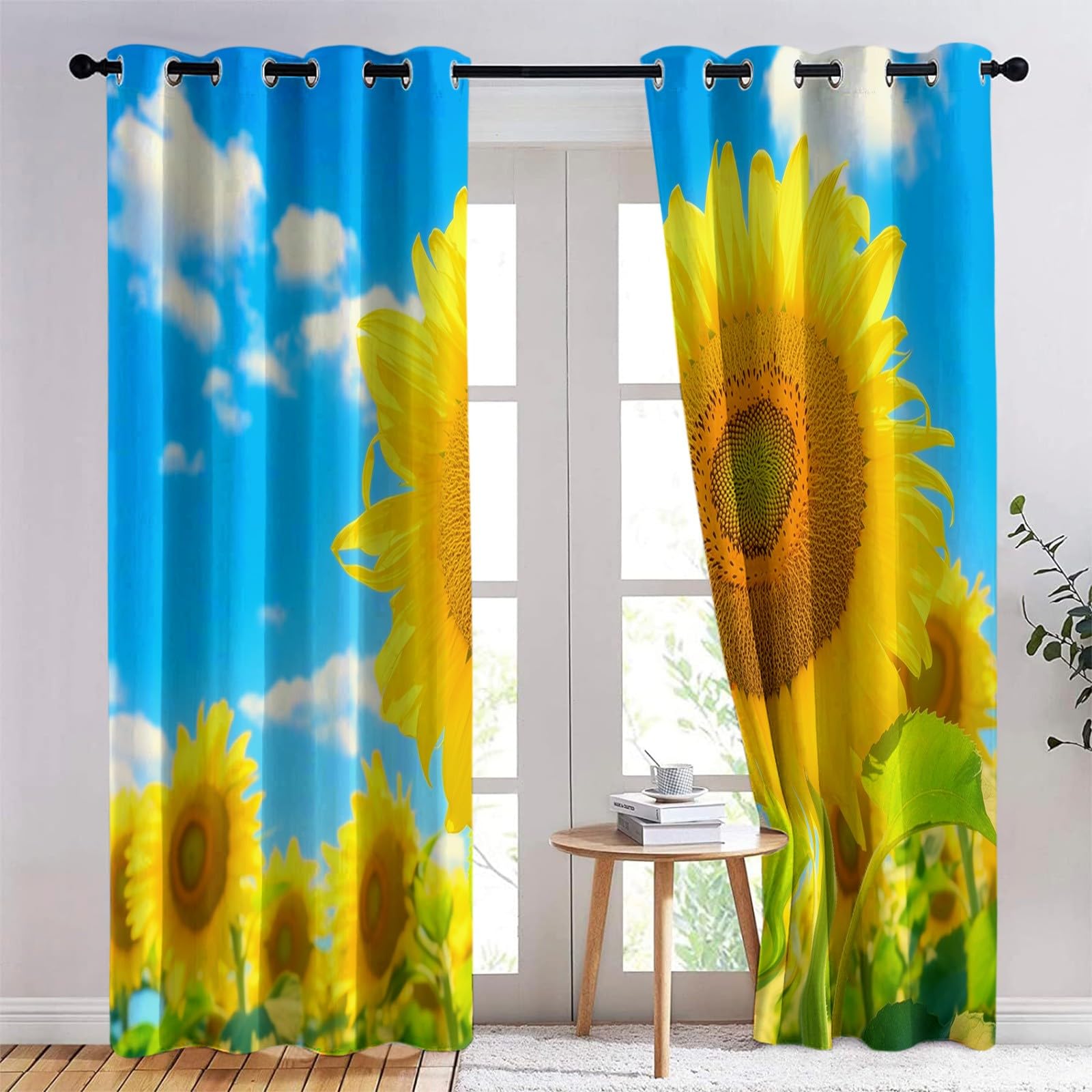 Générique Rideau Occultant Tournesols Ciel Bleu Et Nuages ​​Blancs, Rideau Thermique Isolant Bleu - Draperies Polyester Opaque à Oeillets pour Chambre Salon Fenêtre Décoration Lot de 2 110L x 215H cm