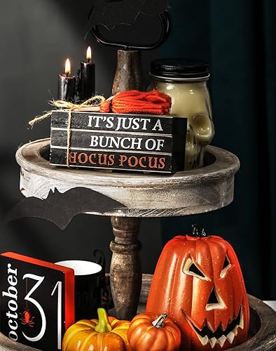 Miniatura 3 de Pila de libros de madera de Halloween, paquete de libros falsos Hocus Pocus, bandeja escalonada de Halloween para decoración de mesa del hogar