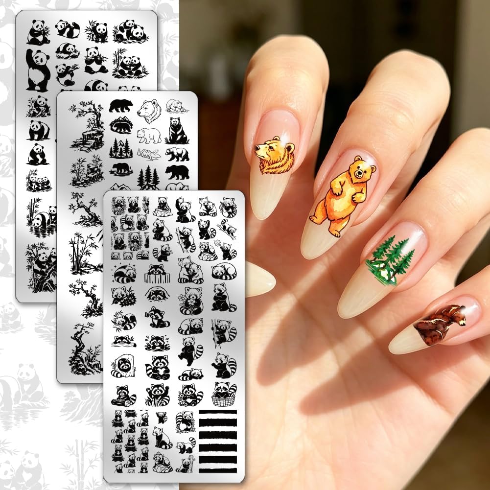 PH PandaHall 3pcs Panda Nail Stamping Plates Bear Nail Art Stencils Kawaii Raccoon Manicures Design Templates Cute Animals Nails Image Plates for DIY Women Home Manicures Salon Printing