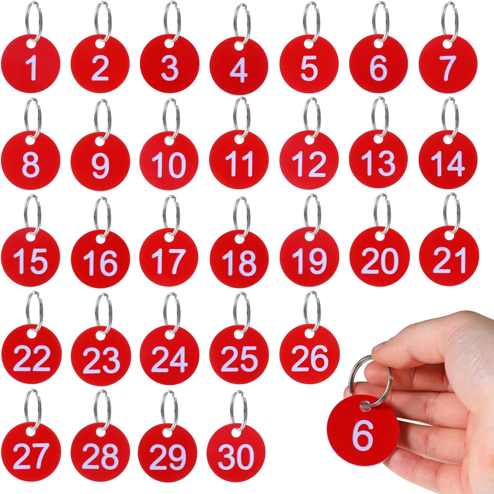 1-30 Number Tags, Plastic Numbered Tags 35mm Round Numbered Key Tag with Metal Rings Numbered Marking Identification Tags for Home Office and Dormitory Keys Cabinet (Red)