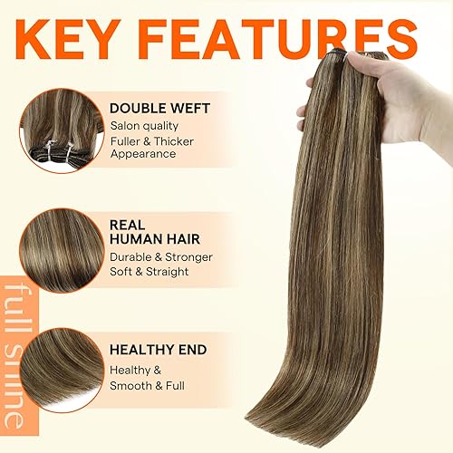 Miniatura 2 de Full Shine Extensiones de cabello Remy liso, para coser, suave y sedoso, doble trama, color castaño medio con reflejos rubio miel, 20 pulgadas, 3.53