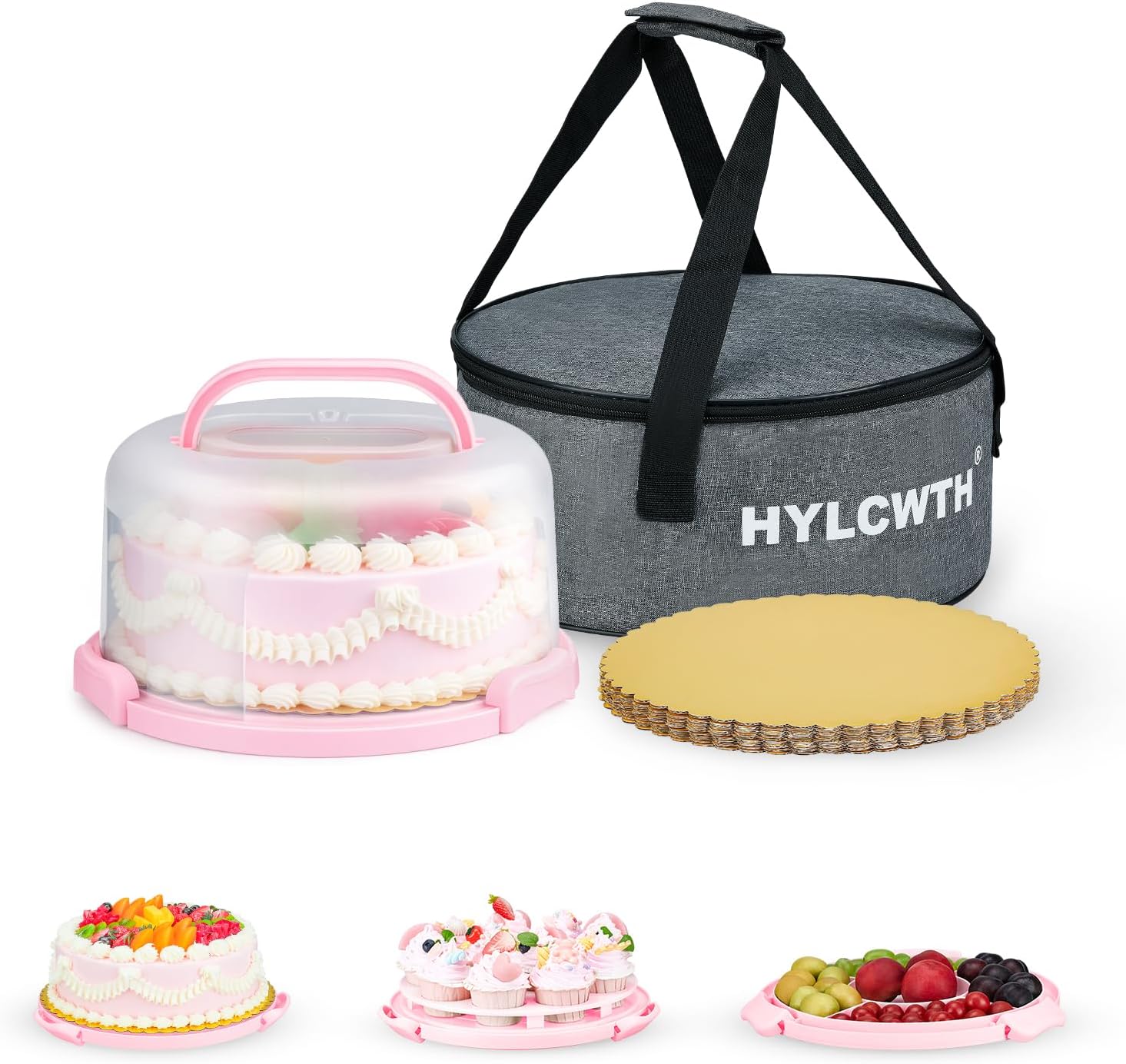 Cake Carrier With Lid And Handle, Bpa-Free Cake Holder With Lid For 10 Inch Round Cake Carrier With 10 pcs Round Golden Cake Boards And Portable Insulated Bag
