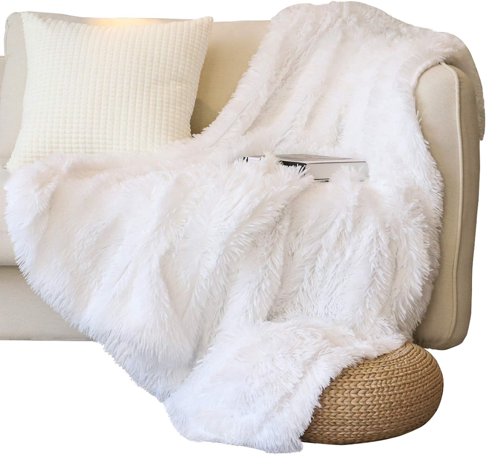 Tuddrom Decorative Extra Soft Faux Fur Throw Blanket for Couch Sofa Bed (Pure White, 50" x 60")
