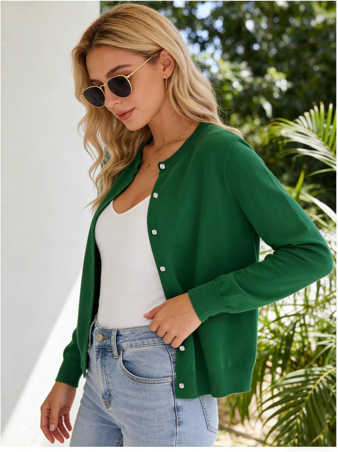 OYOANGLE Women's 70s Spring Fashion Lightweight Cardigan Button Front Knit Crew Neck Elegant Long Sleeve Sweater - Image 2