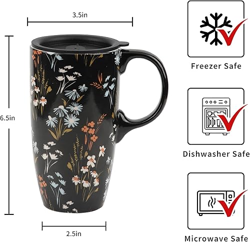 Miniatura 28 de Taza de café de viaje de cerámica con tapa para el hogar y la oficina, taza de té alta de porcelana de 17 onzas con mango de arte floral en caja