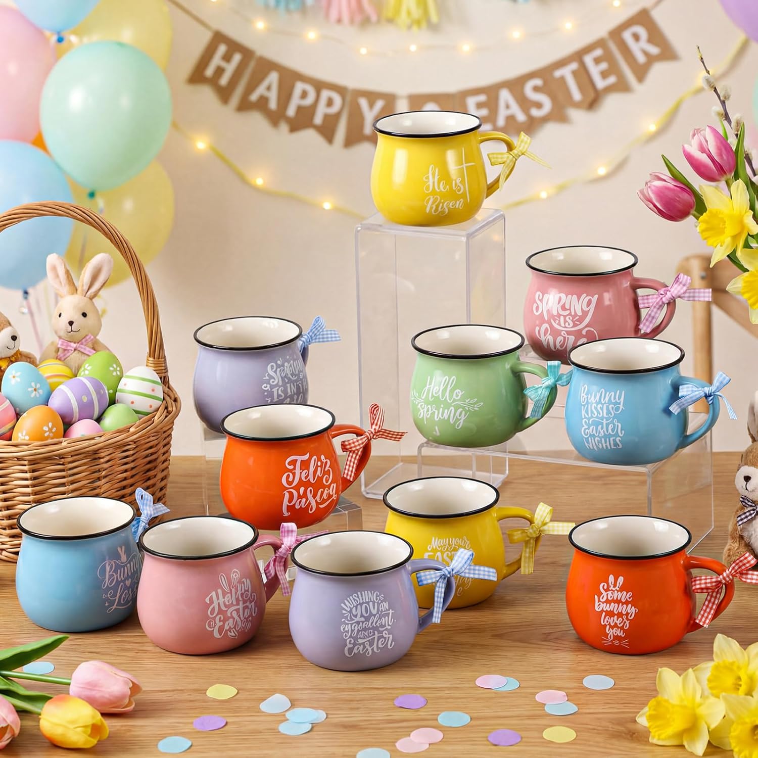 12-piece Easter Mugs Set - 12 oz Ceramic Coffee Cups with Ribbon, Pastel Easter Sayings, Spring Bunny Cups, Tiered Tray Decor for Party & Spring Table Centerpieces Holiday Gift
