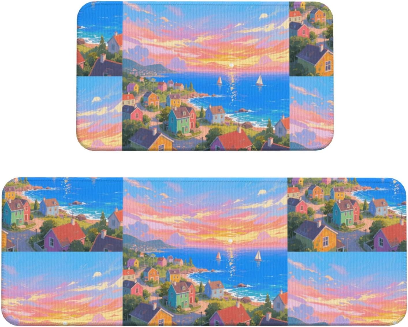 Seaside Town Kitchen Rugs Set of 2, Cushioned Anti-Fatigue Kitchen Mats for Floor, Waterproof Comfort Standing Mat Absorbent Velvet Kitchen Runner Rugs 17"x30"+17"x47"