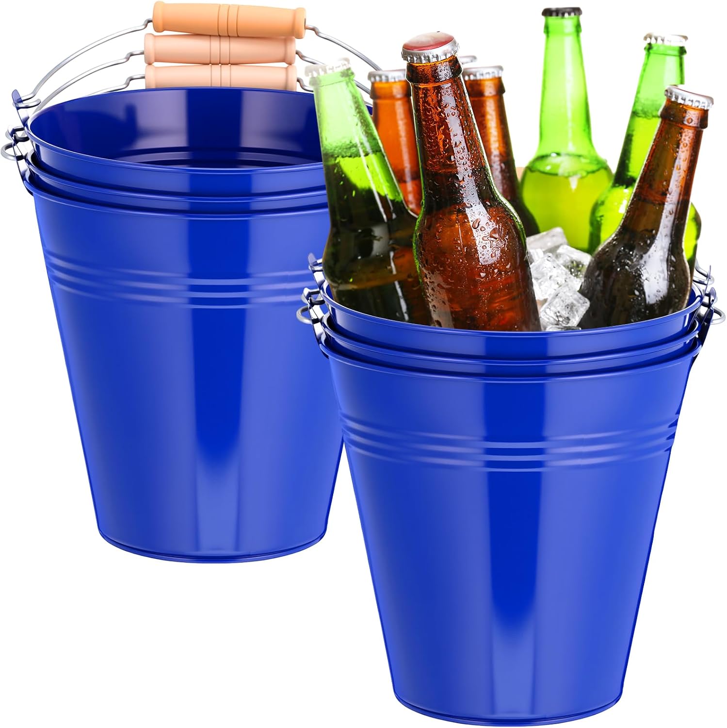 Zopeal 6 Pcs Large Metal Bucket Beer Bucket Galvanized Steel Pail with Handle for Gifts Basket Ice Candy Party(7.4 x 7.2 x 4.6 Inch,Dark Blue)