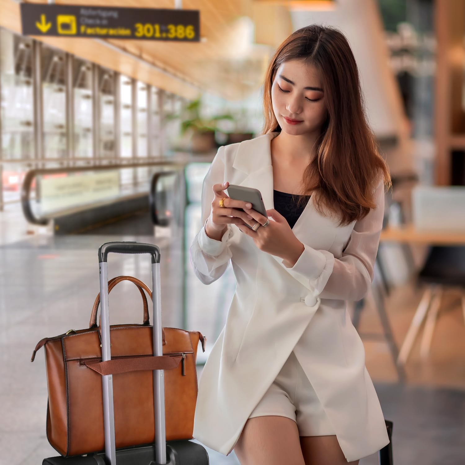 Banuce Vintage Leather Briefcase for Women Stylish 14 inch Laptop Tote Bag with Luggage Strap Brown