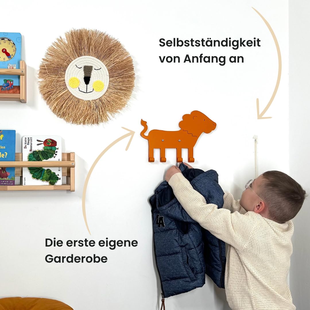 ABIMI Kindergarderobe Löwe aus pulverbeschichtetem Stahl – 4 Haken als Tierbeine – Wandgarderobe für Kinderzimmer & Flur – robust, durchdacht & mit Sorgfalt gefertigt – 32 × 22 × 2 cm