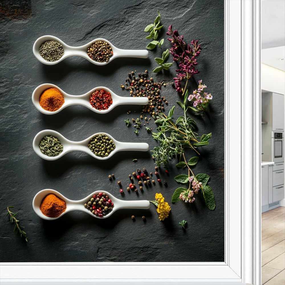 Rustic Spice Window Film Privacy Modern Kitchen Seasoning Herb Decorative Stained Glass Decal for Home, Adhesive Window Sticker 35.4Wx63L inch
