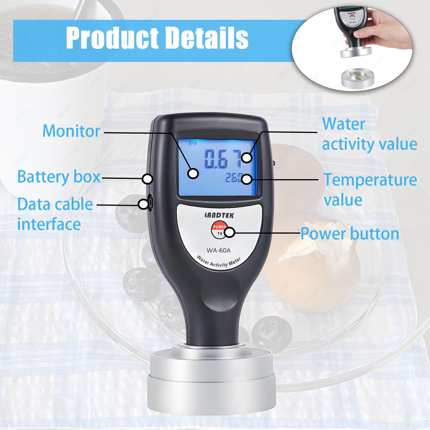 Medidor de actividad de agua portátil con pantalla LED para pruebas de humedad de alimentos en cecina, frutas secas, granos y verduras