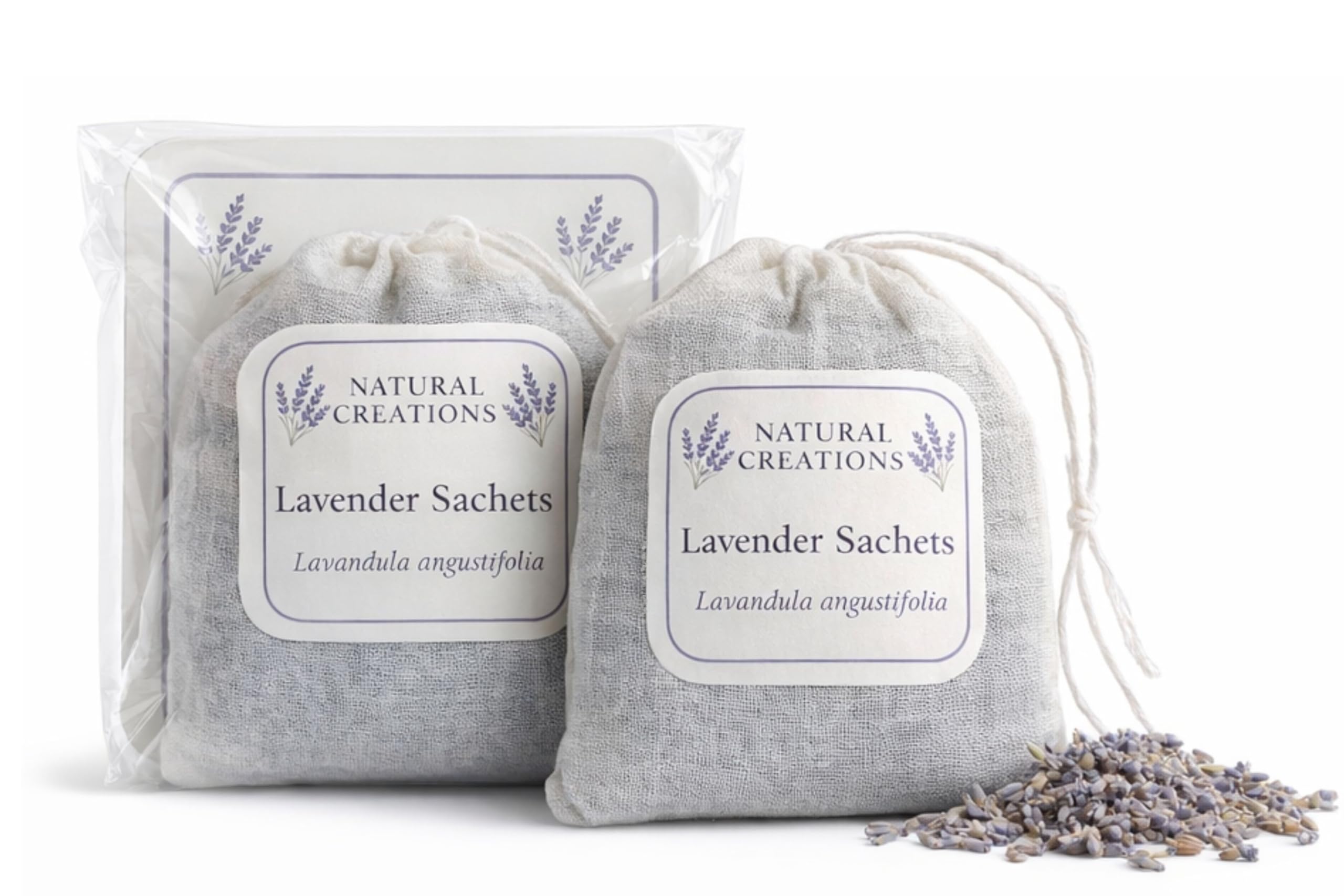 Natural Creations Lavender Sachets (2 Pack) – Handmade Pillow & Wardrobe Bags with Dried Lavandula Angustifolia – Natural Sleep & Relaxation Aroma – Cotton Sachets, UK Made