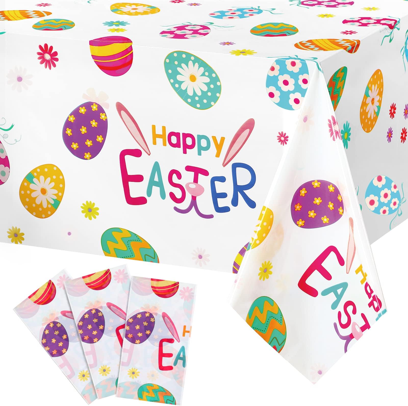 Tatuo 3 Pieces Easter Tablecloth Colorful Eggs Plastic Table Cover Bunny Disposable Tablecloth Happy Easter Table Cover for Spring Home Kitchen Dining Room Decor, 54 x 108 Inch
