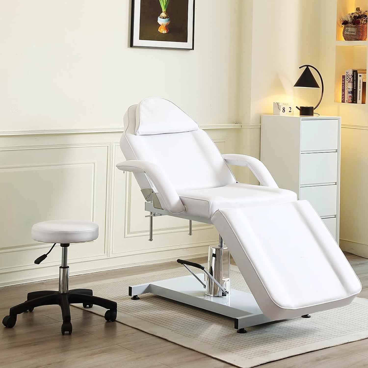 Hydraulische Kosmetikliege mit Hocker – 360° drehbare, verstellbare Massageliege mit abnehmbaren Armlehnen & Kopfstütze – Kosmetikstuhl Set für Spa, Tattoo, Gesichtspflege (Weiß)